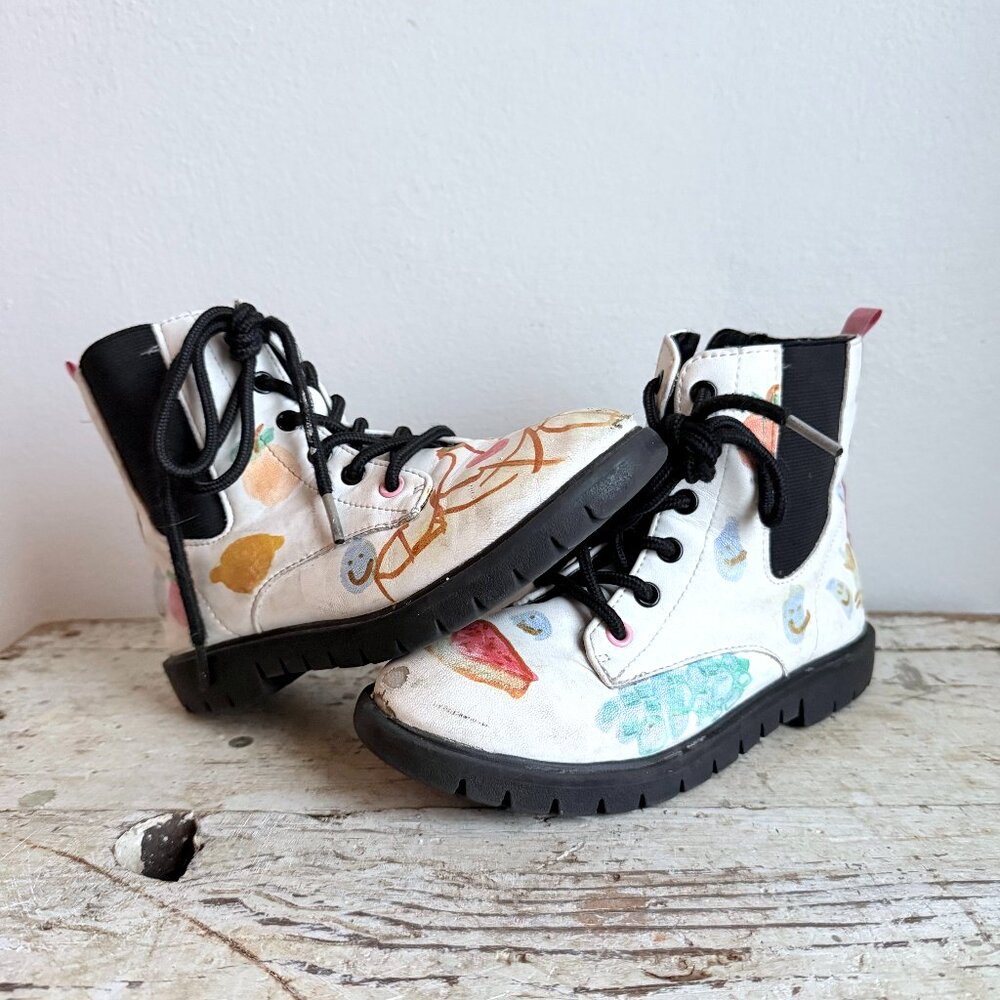 Sugar Girls 13 White Faux Leather Lace Up Mid Calf Combat Boots Original Artwork
